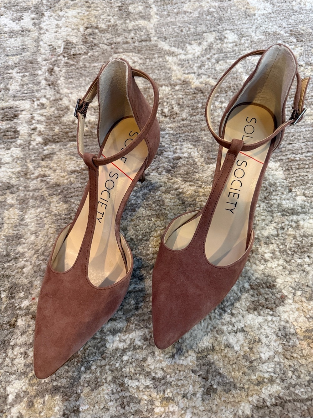 Sole Society Women's Brown Suede T-Strap Pointed Toe Heels